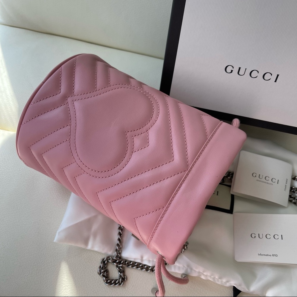 NEW  GUCCI Chevron Calfskin Pink Leather GG Marmont Mini Bucket Chain Bag - Picture 6 of 13